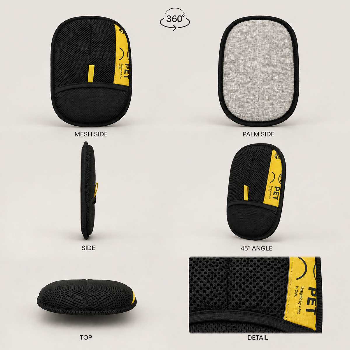 The PeTidy mitt from six angles, mesh side, palm side and details