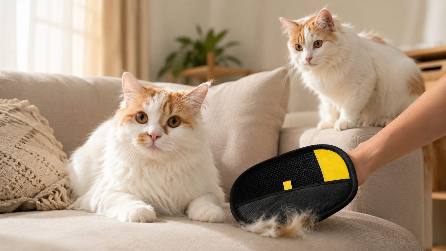 Two cats on the sofa with the Fur Glove