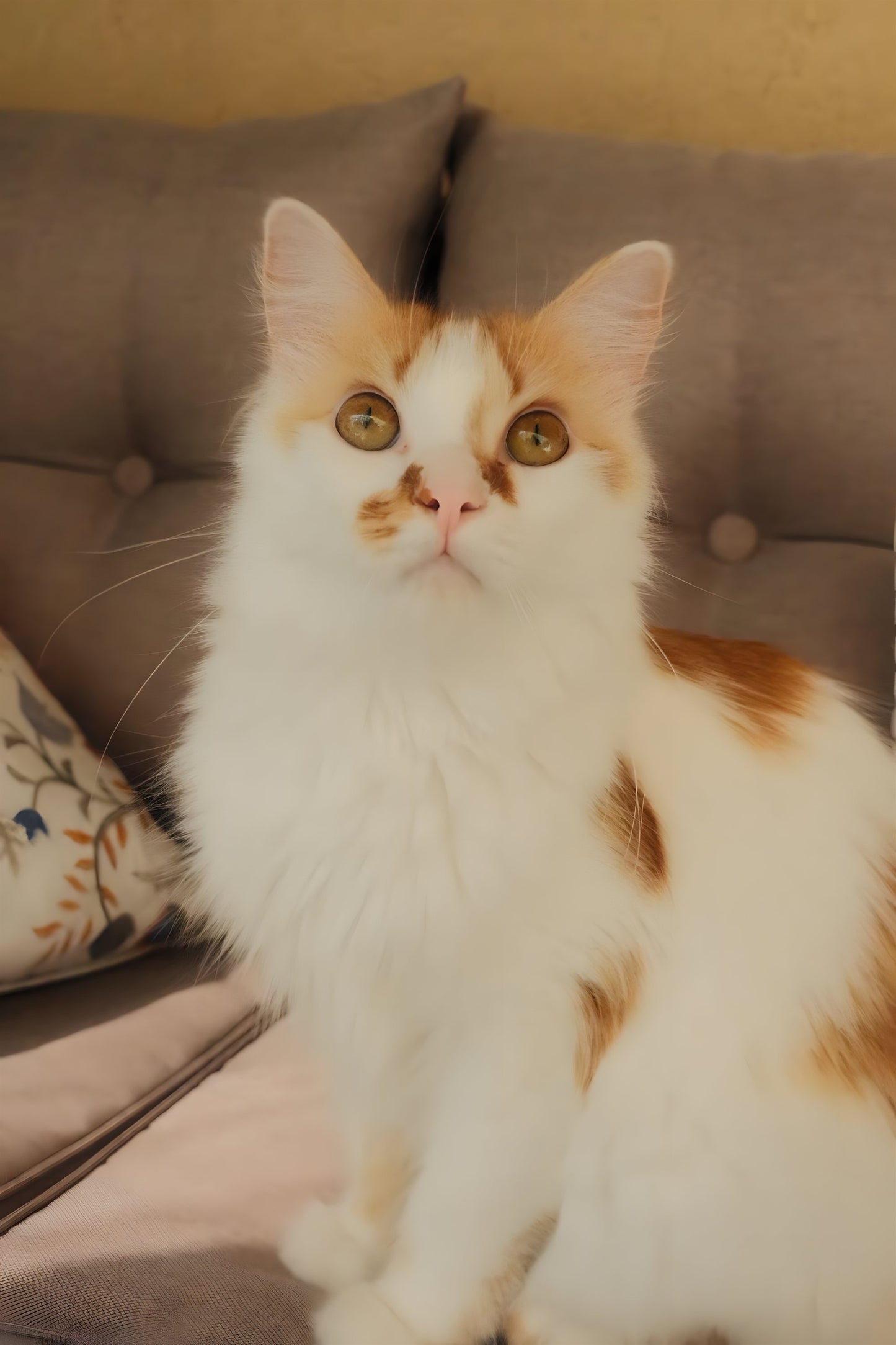 White and ginger cat sitting on a grey sofa